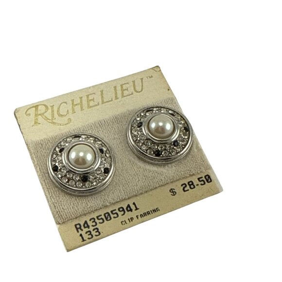 Vintage Richelieu Clip-On Earrings Pearl Rhinestone Silver Tone Button Style - Picture 4 of 6